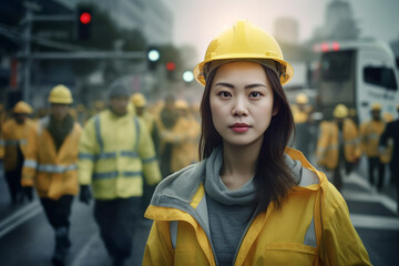 Asian women with a career that requires heavy labor. Portrait of female worker with safety hat on workplace. Generative AI.