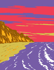 WPA poster art of surf beach at El Capitan State Beach along the Gaviota Coast in Santa Barbara County, California CA, United States done in works project administration.
