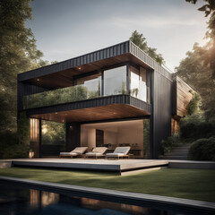 Obraz premium Comfortable modern house with a flat roof, illuminated by the setting sun, in modern style with large windows and a swimming pool near the house.