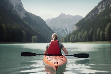Kayaking mountain lake. Generate Ai