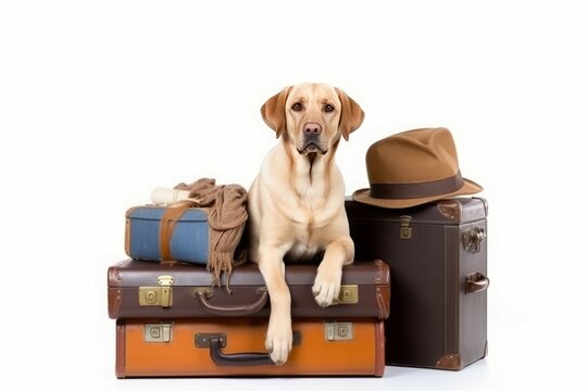 Labrador hat suitcases travel. Generate Ai