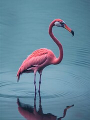 A flamingo's long, graceful neck and slender legs as it wades in shallow water, capturing the soft pink hues and subtle textures that make it a symbol of elegance. AI Generated