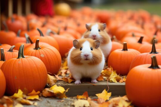 Two cute white and red guinea pigs in the autumn garden among many pumpkins and maple leaves