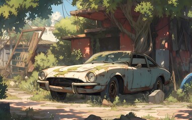 an abandoned car, where rust and moss tell the story of decades past, parked beneath the canopy of an ancient tree