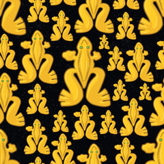 Beautiful colombian ancient indigenous golden frog representation seamless pattern over a black worn out background