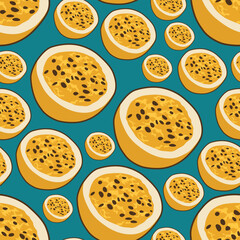 Modern sliced passion fruit seamless pattern with turquoise background