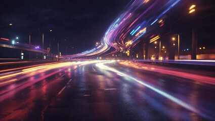 Speeding down a highway at night - obrazy, fototapety, plakaty