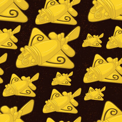 Beautiful colombian ancient indigenous flying animal golden representation seamless pattern over a black worn out background
