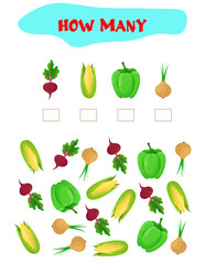 Counting Game for Preschool Children. Educational a mathematical game. Count how many  vegetables and write the result. Math worksheet for kids