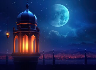 Fototapeta premium Muslim lantern with candles on the background in the night