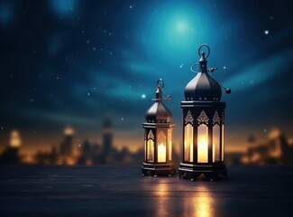 Fototapeta premium Muslim lantern with candles on the background in the night