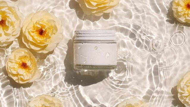 Glass cosmetic bottle and yellow rose flowers. Slow motion of waves water. Clear water with reflections, refraction sunlight and shadows. Natural cosmetics. Sample for design, advertising. 
