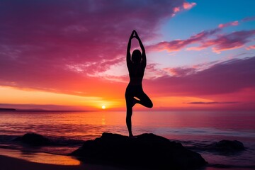 person with yoga posing at the sunset background. silhouette. active. peace