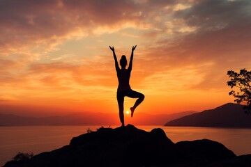 Fototapeta na wymiar Happy yoga pose in the mountain. sunset. nature. sky background