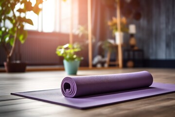 Purple yoga matt. fitness activity, home studio background. physical exercise