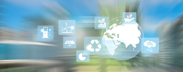 Clean green environment icons with Motion blur of skyscrapers background.
