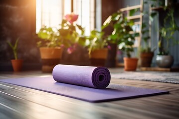 Violet yoga mat on the floor, home studio. fitness equipment. exercise. lifestyle
