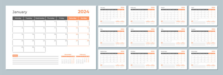 2024 calendar template. Corporate and business planner diary. The week starts on Monday. Set of 12 months 2024 pages. - obrazy, fototapety, plakaty