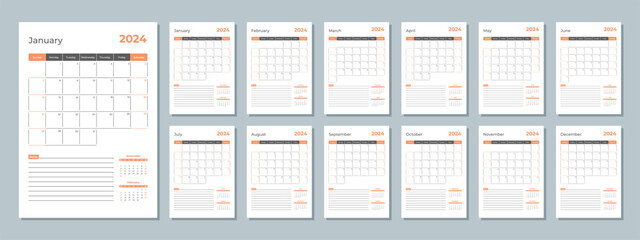 2024 calendar template. Corporate and business planner diary. The week starts on Sunday. Set of 12 months 2024 pages.