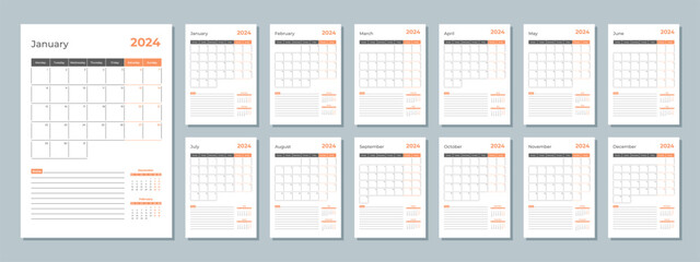 2024 calendar template. Corporate and business planner diary. The week starts on Monday. Set of 12 months 2024 pages.