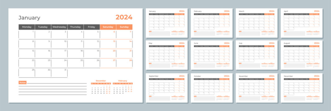 2024 calendar template. Corporate and business planner diary. The week starts on Monday. Set of 12 months 2024 pages.