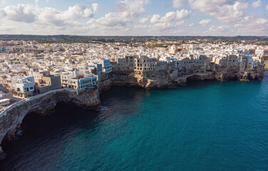 Polignano a Mare drone shot. Aerial view shot of Cala Paura in Puglia, Polignano.