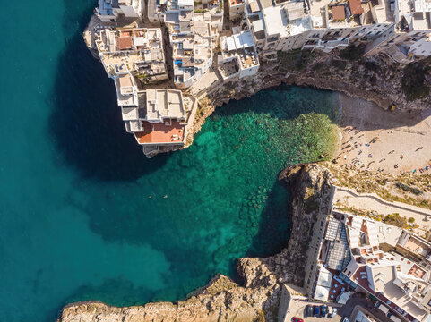 Polignano a Mare drone shot. Aerial view shot of Cala Paura in Puglia, Polignano.