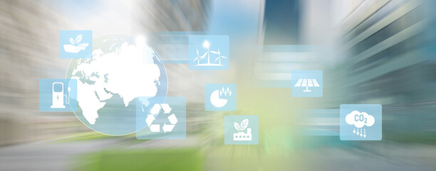 Energy resources icons with motion blur of skyscrapers background.
