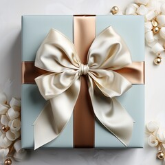 elegant gift box with a bow decorated with beads and stones. Neutral wrapper shades, copy space