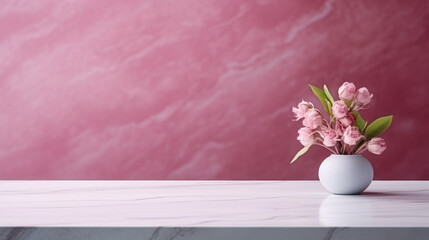 pink tulips in vase on table with copy space and minimal marble background for product placement