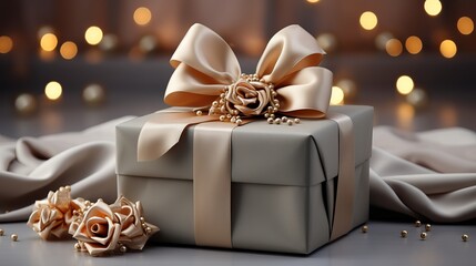 elegant gift box with a bow decorated with beads and stones. Neutral wrapper shades, copy space