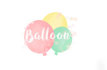 three pastel colors balloons (yellow, pink, green) with bubbles with word 'balloon' , no background