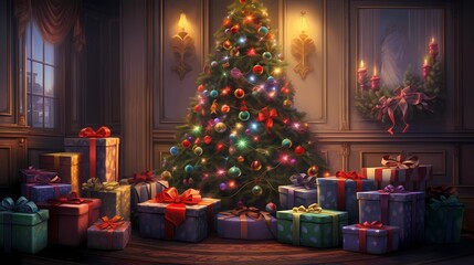 Merry Christmas and Happy New Year.The Christmas Tree Legend. Greeting Card. Fiction Backdrop. Book Illustration. Video Game Scene. Serious Digital Painting. CG Artwork Background. Generative AI. - 640347208