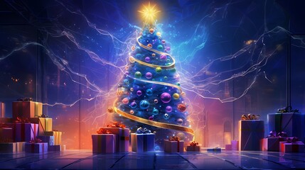Merry Christmas and Happy New Year.The Christmas Tree Legend. Greeting Card. Fiction Backdrop. Book Illustration. Video Game Scene. Serious Digital Painting. CG Artwork Background. Generative AI. - 640347223