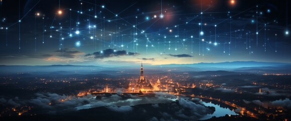 City at Dusk with Futuristic Lines. Conceptual Light.