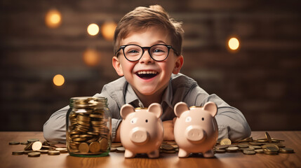 Cute Little Boy Saving Money Portrait with Piggy Bank - obrazy, fototapety, plakaty