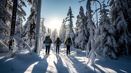 Three cross-country skiers hike into a forest.