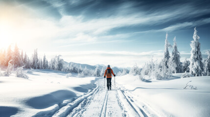 Fototapeta na wymiar A cross-country skier glides gracefully across the snow.