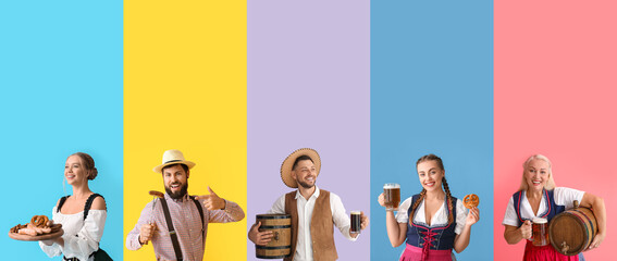 Set of happy German people in traditional clothes, with tasty beer and snacks on color background