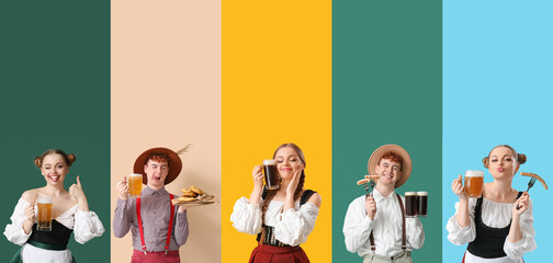 Obraz premium Set of happy German man and woman in traditional clothes, with tasty beer and snacks on color background