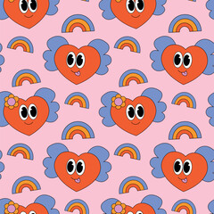 Seamless pattern with cartoon groovy Heart and rainbow