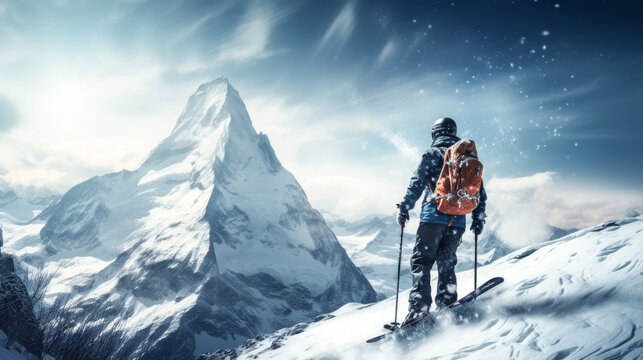 He stands tall atop a snowy mountain, holding his skis and admiring the majestic view.
