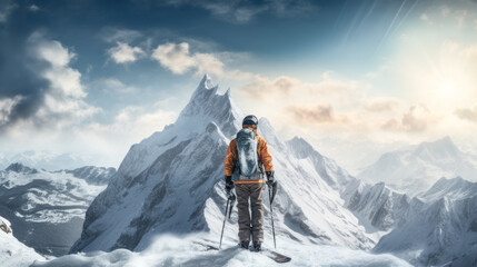 He stands proudly with skis in hand, admiring the snowy landscape.