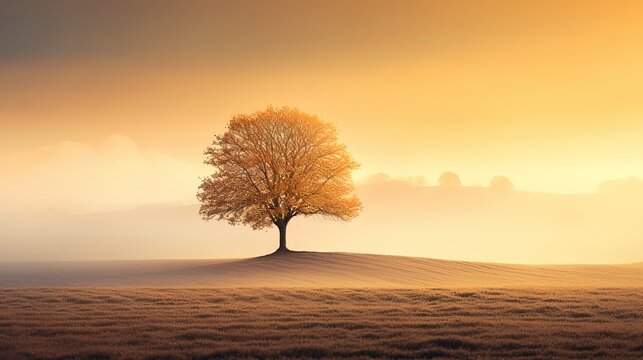 Golden fog in autumn sunset, lonely tree in a field illuminated from an equinox sun. Season welcoming autumnal meditative dusk mood.