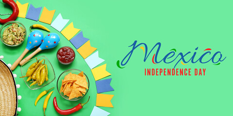 Greeting card for Independence day of Mexico with Mexican food and maracas