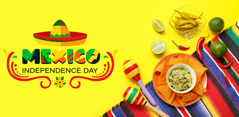 Greeting card for Independence day of Mexico with Mexican food and maracas