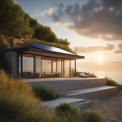Obraz premium House with solar panels, standing on a rocky shore surrounded by trees and shrubs. Energy independent house.