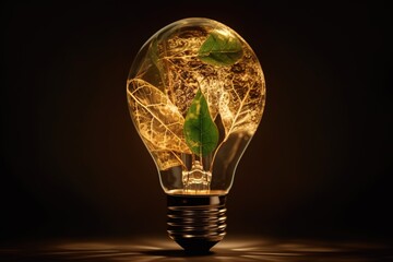 Green eco friendly lightbulb from fresh leaves top view, free space for text, Energy saving. Generated AI