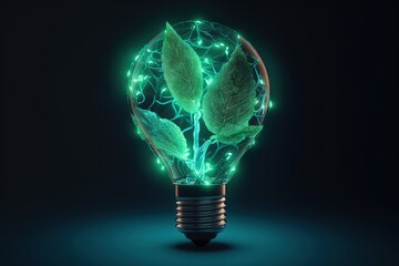 Green eco friendly lightbulb from fresh leaves top view, free space for text, Energy saving. Generated AI