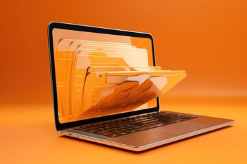 File folder on laptop screen, orange background. Generative AI - obrazy, fototapety, plakaty